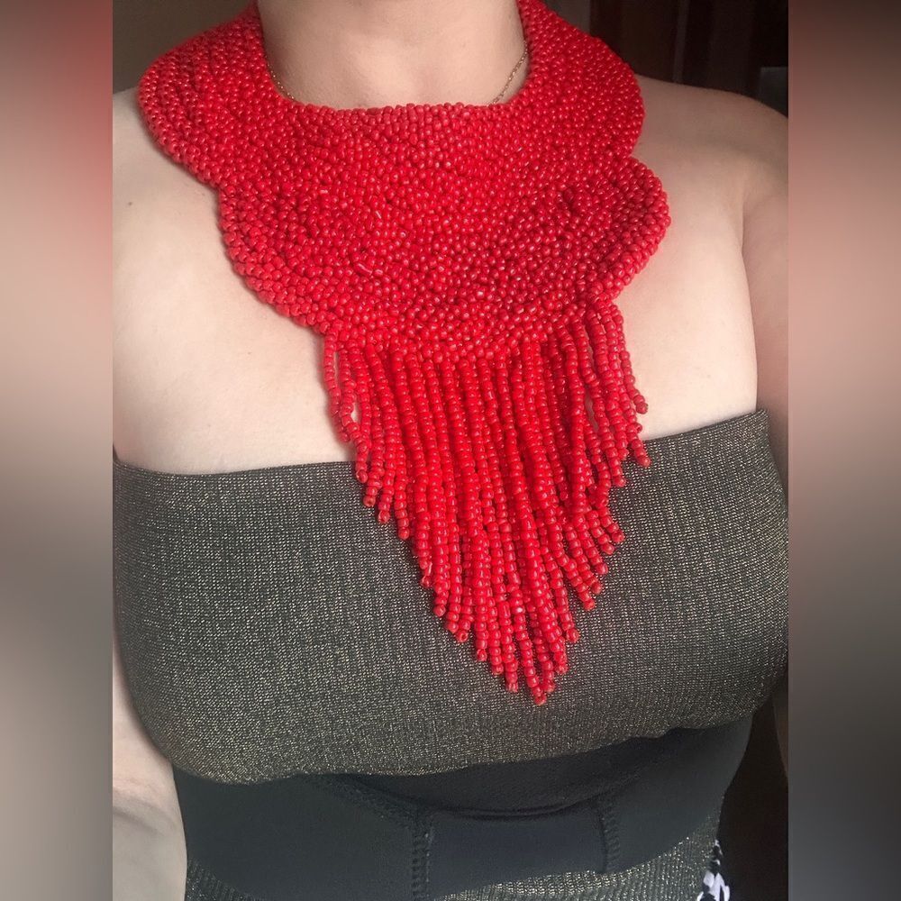 Bold Red Beaded Statement Necklace Glamorous & Un… - image 4